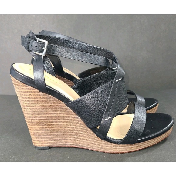 Vtg Cole Haan Leather Strappy Wedge Sandals Black Womans 8.5B Comfort EUC - Picture 4 of 7